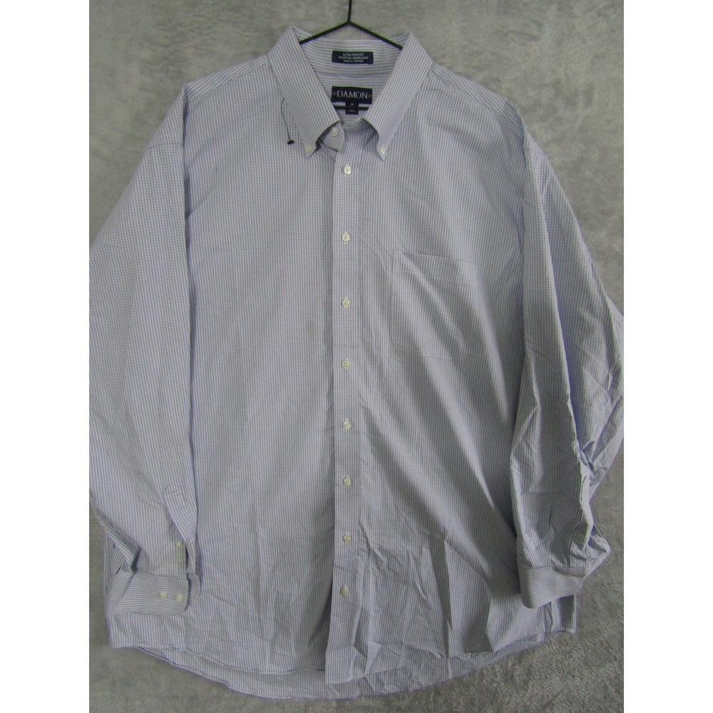 DAMON‎ Ultra Pinpoint Long Sleeve Dress Shirt Mens 19 37 38 Tall Blue Gingham